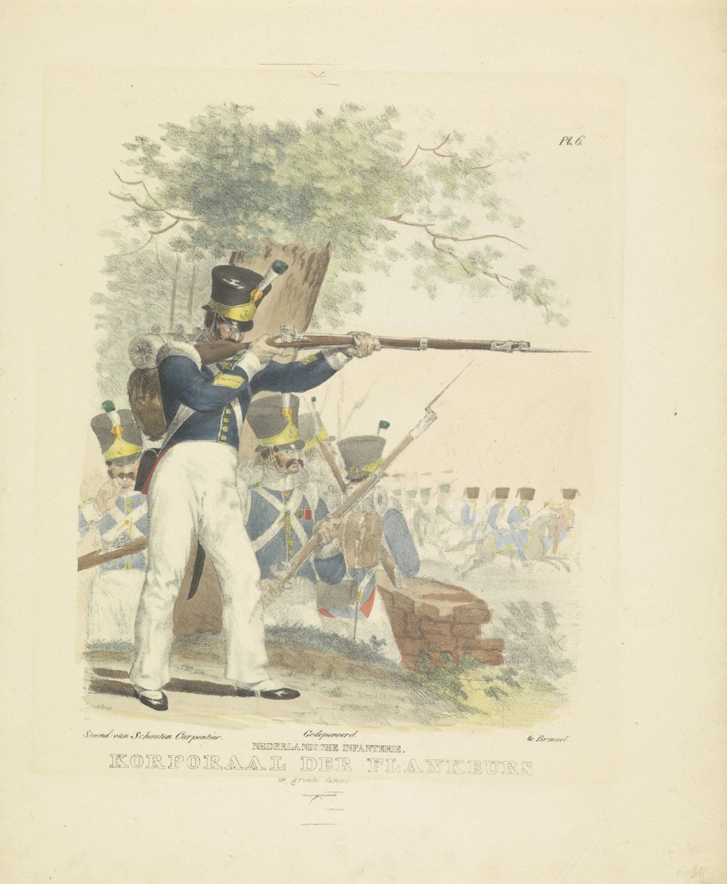 Büyük üniformalı Flankeur, 1820-1825 Hollandalı Piyade. Büyük üniformalı Onbaşı der Flankeurs (nesne üzerinde başlık) Hollanda Krallığı