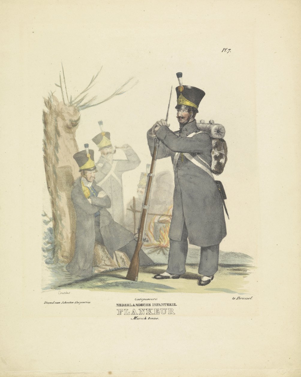 Yürüyüş kıyafeti içinde kanat, 1820-1825 Hollandalı Piyade. Flankeur Marsch üniforması (nesne üzerinde başlık) Hollanda Krallığı