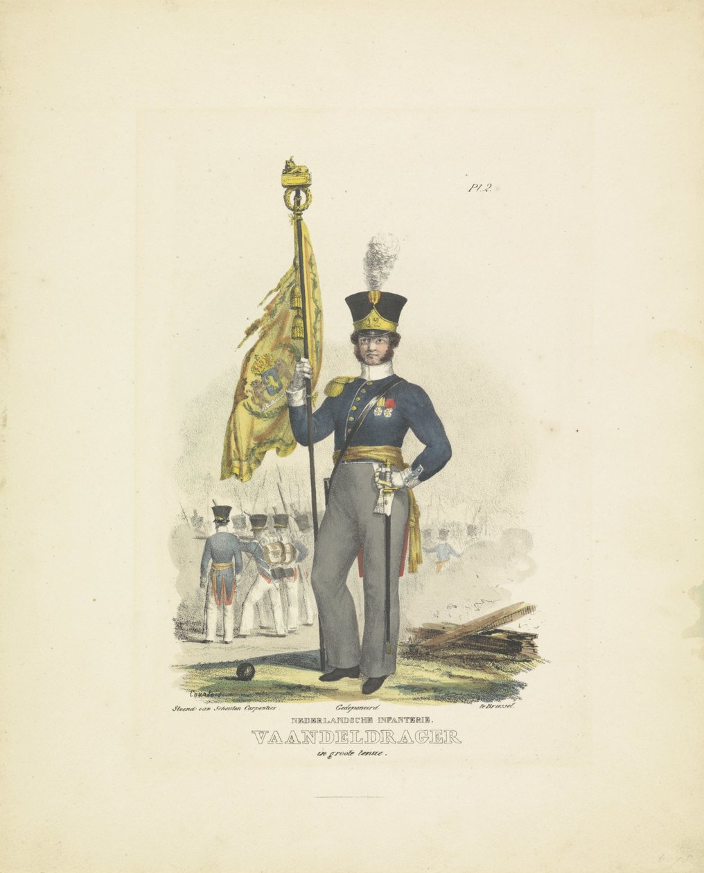 Tam üniformalı standart taşıyıcı, 1820-1825 Hollandalı Piyade. Büyük üniformalı standart taşıyıcı (nesne üzerindeki başlık) Hollanda Krallığı