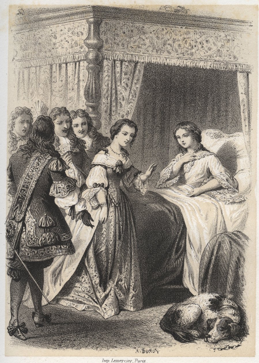 Madam Deshoulieres, Antoinette Ligier de La garde (1637-1694), hayalet korkusuyla geçen bir gecenin ardından maiyeti tarafından soru yağmuruna tutuldu. A. Duruy tarafından “” İllüstrasyonlar litteraires de la France; veya, Galerie anecdotique de nos pr by A. Duruy