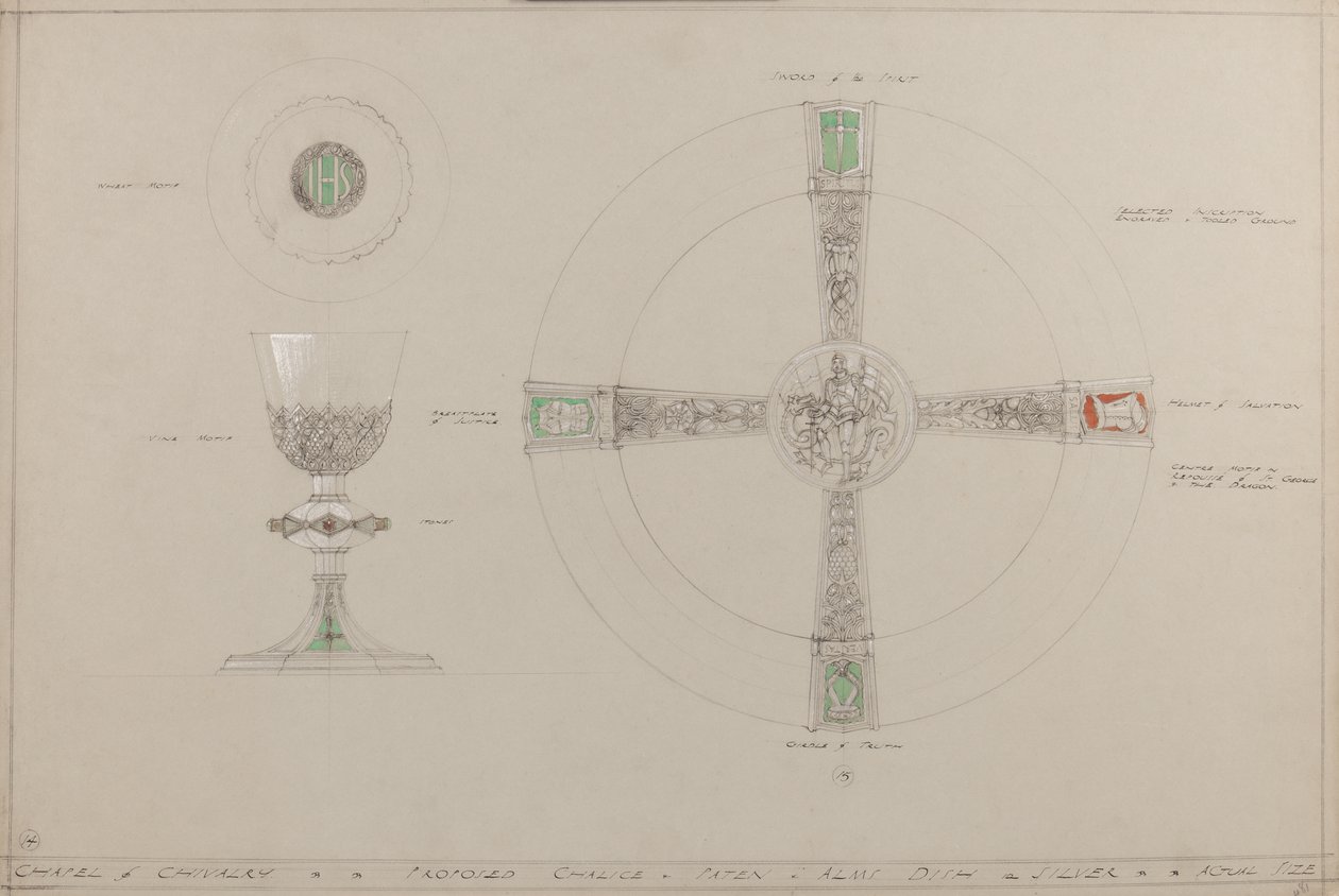 Şövalyelik Şapeli: önerilen kadeh, paten ve sadaka tabağı (gri kart üzerine kurşun kalem, mürekkep, fırça, wc ve gümüş boya) by A. Edward Jones and Co.