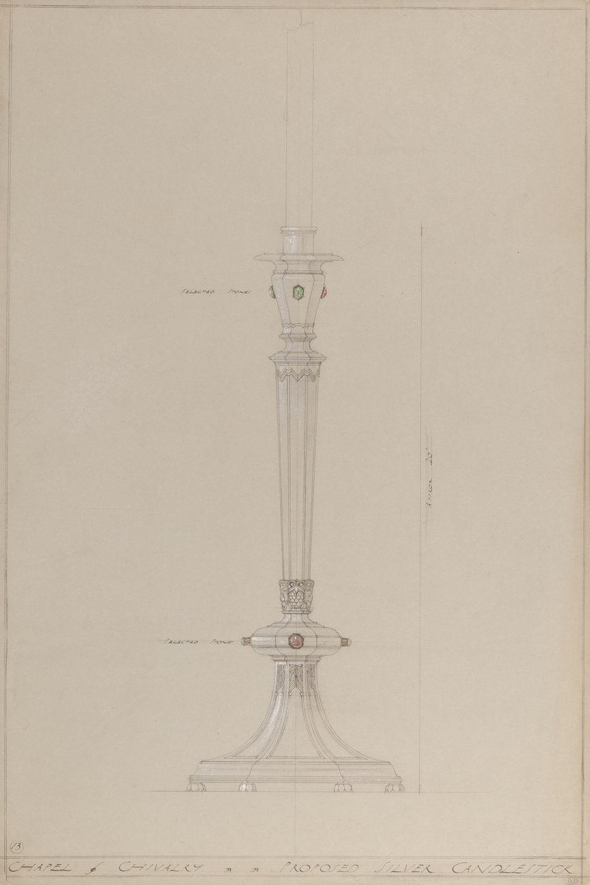 Chapel of Chivalry: önerilen gümüş şamdan (gri kart üzerine kurşun kalem, mürekkep, fırça, wc ve gümüş boya) by A. Edward Jones and Co.