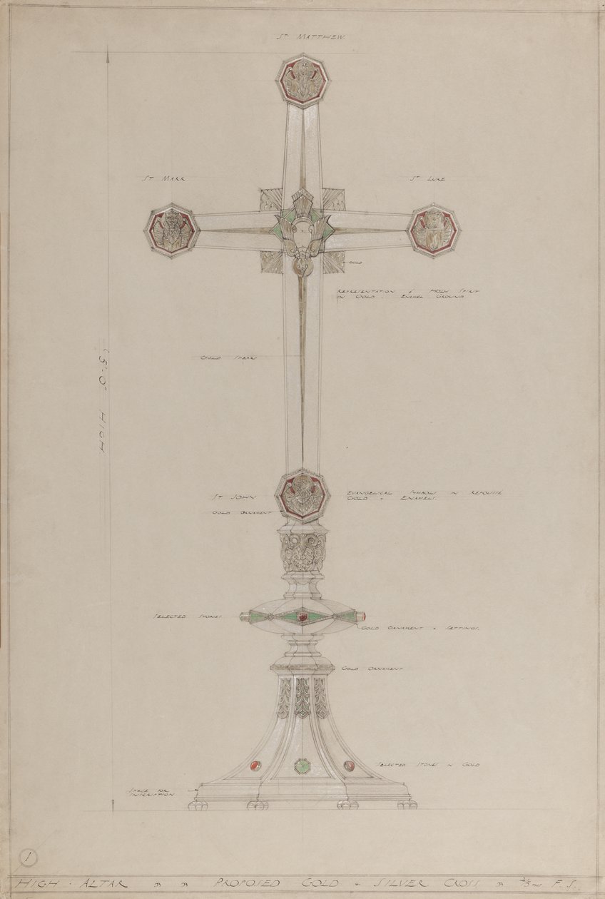 Yüksek Altar: önerilen altın ve gümüş haç, 5 ft yüksekliğinde (kalem, mürekkep, fırça, wc, gri kart üzerine gümüş ve altın boya) by A. Edward Jones and Co.