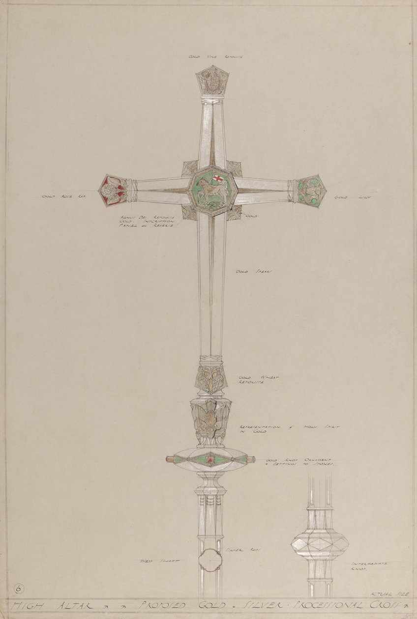 Yüksek Altar: önerilen altın ve gümüş tören haçı, gerçek boyut (gri kart üzerine kurşun kalem, mürekkep, fırça, wc, gümüş ve altın boya) by A. Edward Jones and Co.