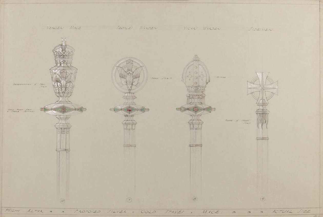 Yüksek Altar: önerilen altın ve gümüş çıtalar ve gürzler, gerçek boyut (gri kart üzerine kurşun kalem, mürekkep, fırça, wc ve gümüş boya) by A. Edward Jones and Co.