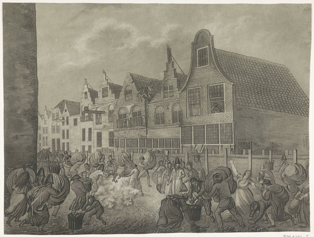 Gorinchem'deki Kortendijk boyunca kalıbın çöküşü, 1809 1809'da Kral Lodewijk Napolyon'a adanmış dört sel levhası (seri başlığı) by A. Lutz
