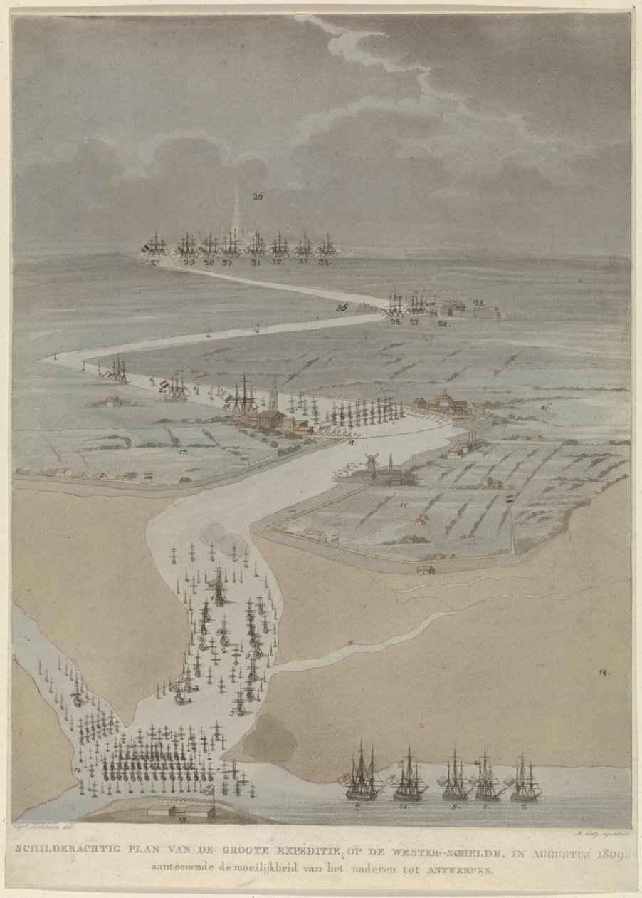İngiliz, Hollandalı ve Fransız filolarıyla Batı Scheldt'in kuşbakışı görünümü, 1809 Ağustos 1809'da Batı Scheldt'e yapılan büyük seferin pitoresk planı (nesne üzerindeki başlık) by A. Lutz