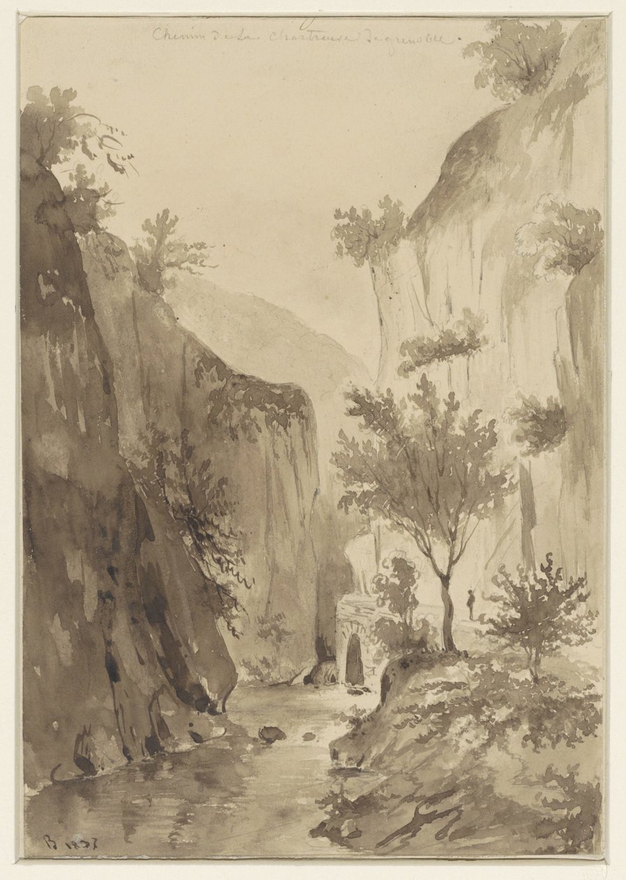 Aşırı büyümüş kayalar arasında nehir; sağda bir yol by A. Regnier