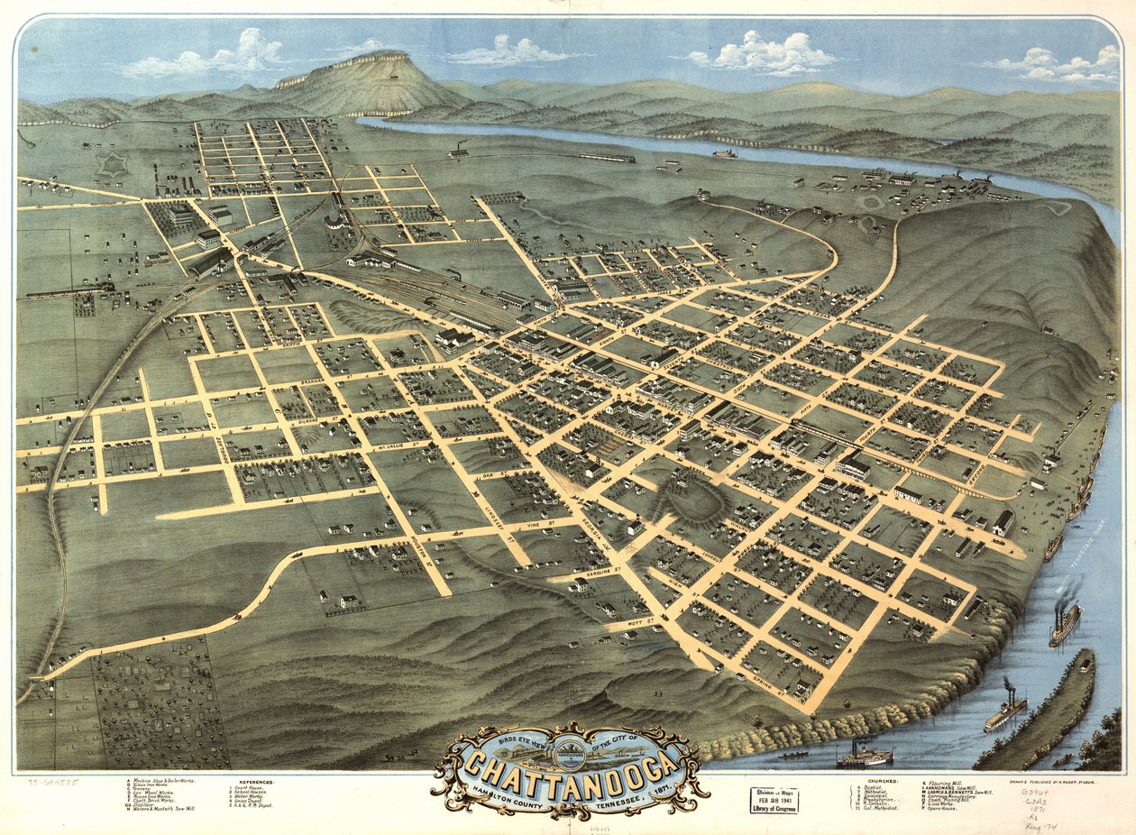 Chattanooga şehrinin kuşbakışı görünümü, Hamilton County, Tennessee 1871. by A. Ruger