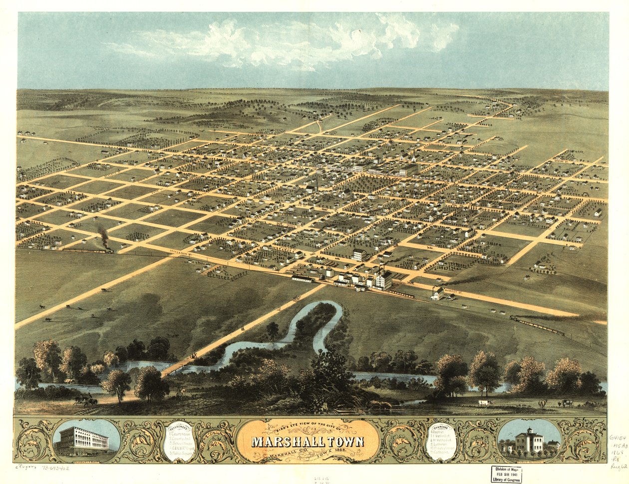 Marshalltown şehrinin kuşbakışı görünümü, Marshall Co., Iowa 1868. LOC 73693402 by A. Ruger