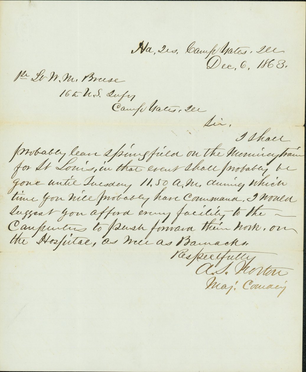 İmzalı mektup A.S. Norton, Binbaşı Komuta, Karargah, Camp Yates, Illinois, 1 Teğmen W.M. Breese, 16. ABD Piyade, Camp Gates, Ill., 6 Aralık 1863 by A. S. Norton