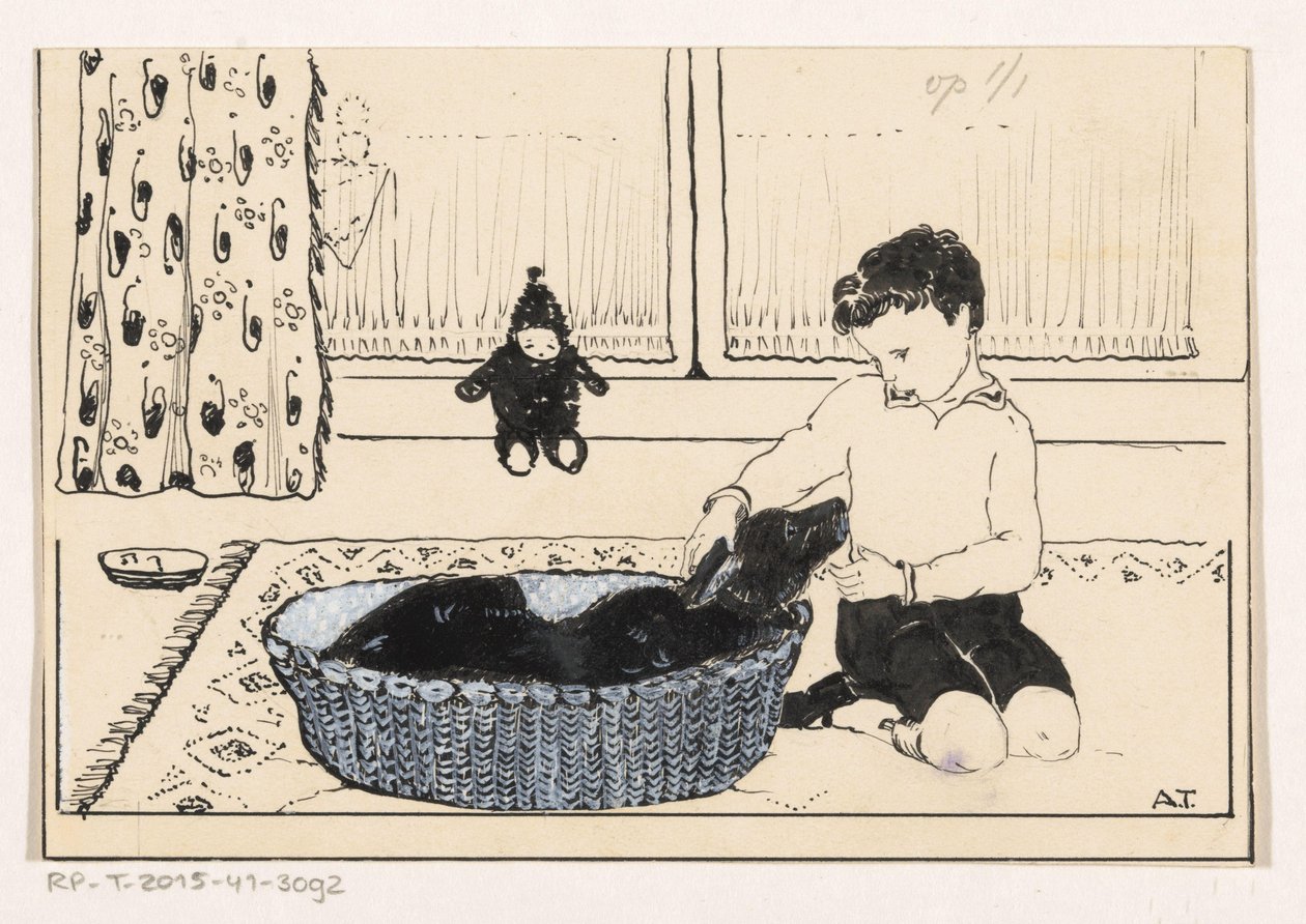 Köpek sevişen çocuk by A. Tinbergen (signed by artist)