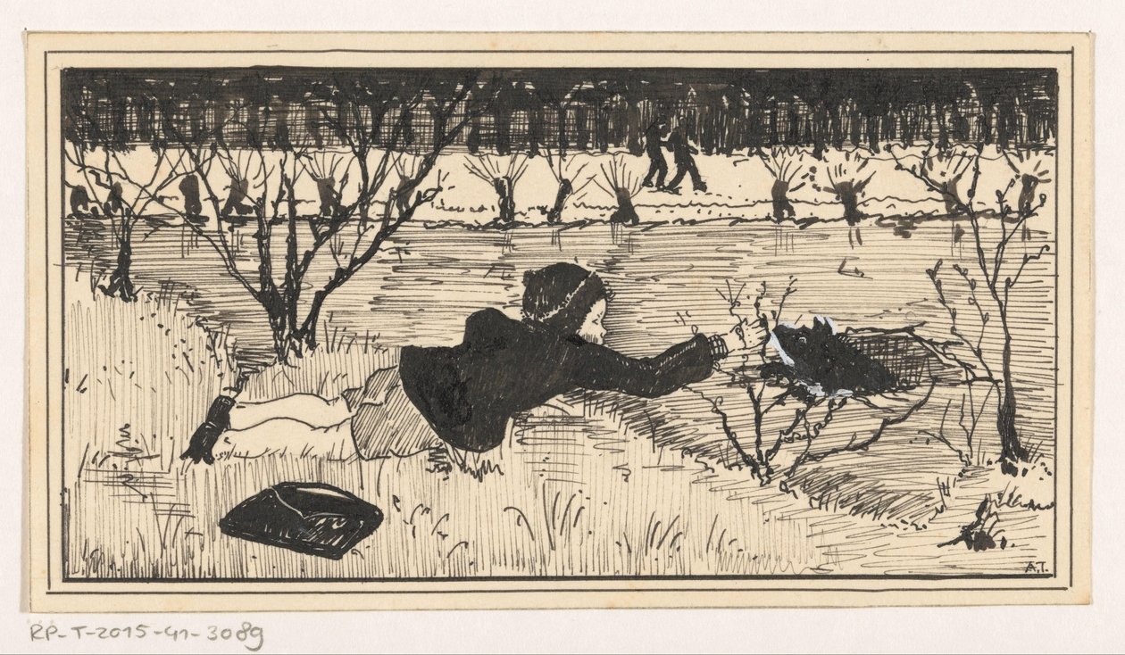 Kız köpeği uyanıktan kurtarmaya çalıştı by A. Tinbergen (signed by artist)