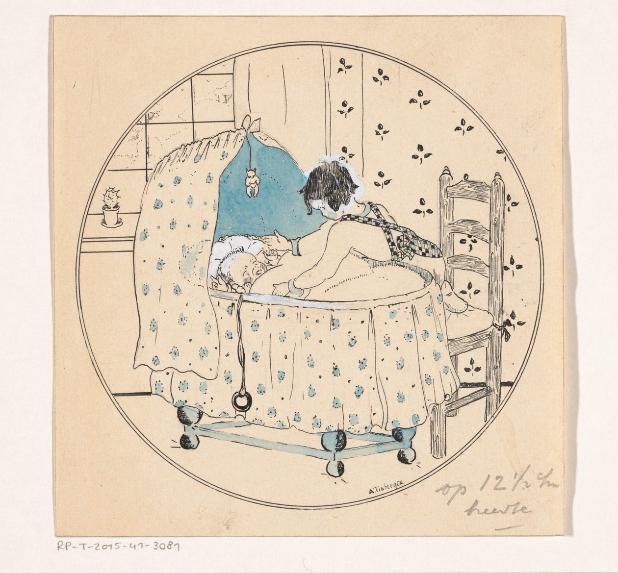 Kız bebeği beşikten kaldırmak istiyor by A. Tinbergen (signed by artist)