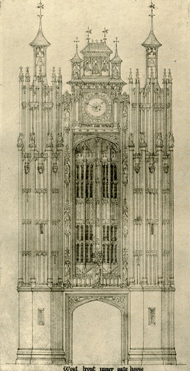 Mimari çizim: batı ön iç kapı evi, 1833-1834, 1906. by A. W. N. Pugin