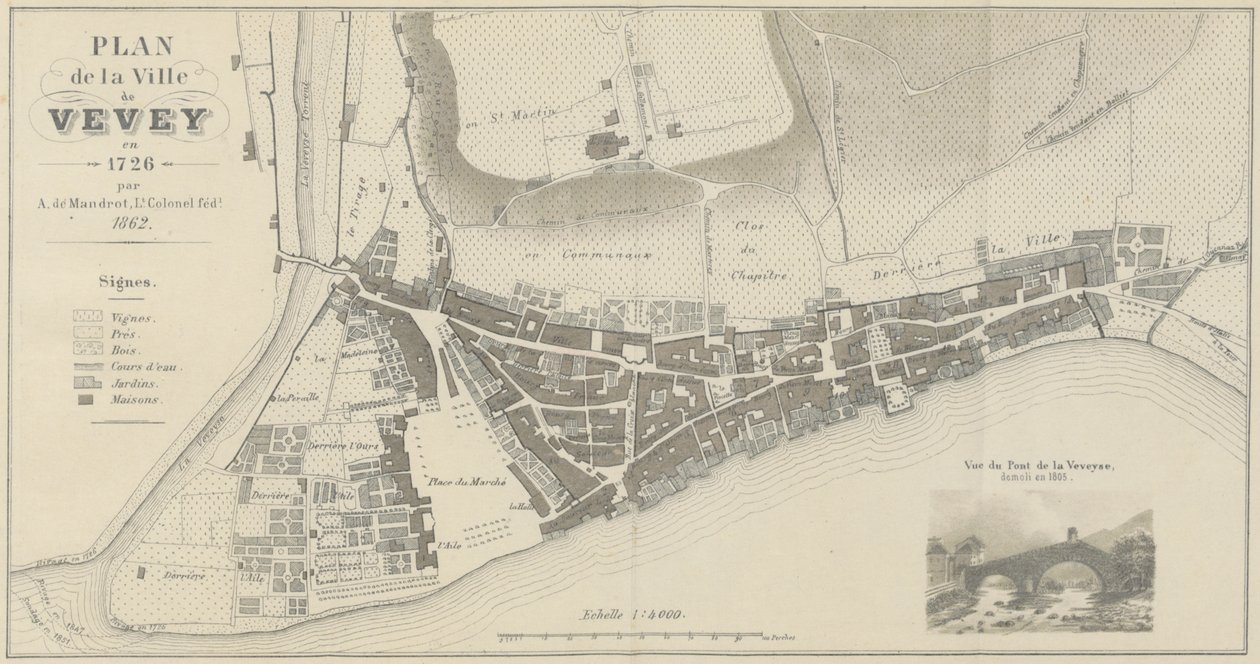 1726 yılında Vevey kasabasının haritası by A. de Mandrot