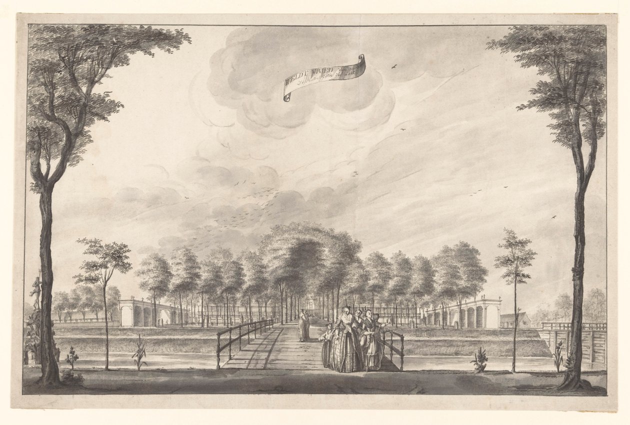 Kır evinin arkadan görünüşü Weltevreden Weldt Vried Vüe par derriere De L'autre Coteé du Pont (nesne üzerindeki başlık) by A. de Nelly (possibly)