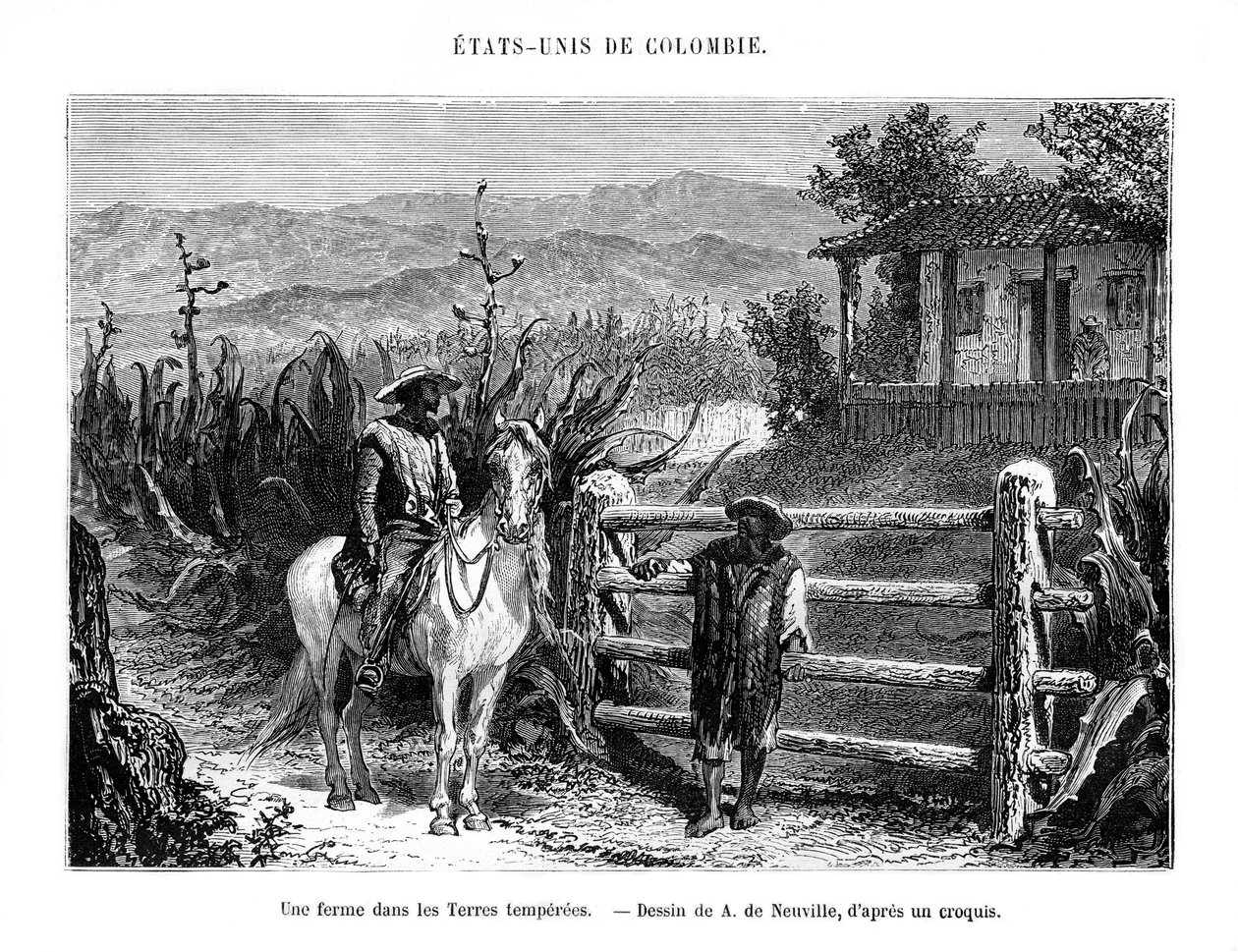 Bir çiftlik, Kolombiya, Güney Amerika, 19. yüzyıl by A. de Neuville