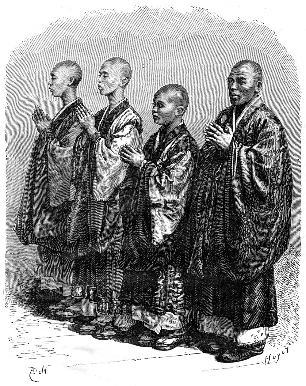 Dua eden Budistler, Japonya, 19. yüzyıl. by A. de Neuville