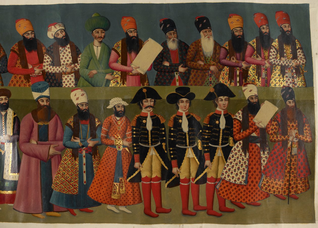 Ekle veya. 1241 İngiliz Elçileri Sir John Malcolm, Sir Harford Jones Brydges ve Sir Gore Ouseley ile birlikte Fath Ali Shah