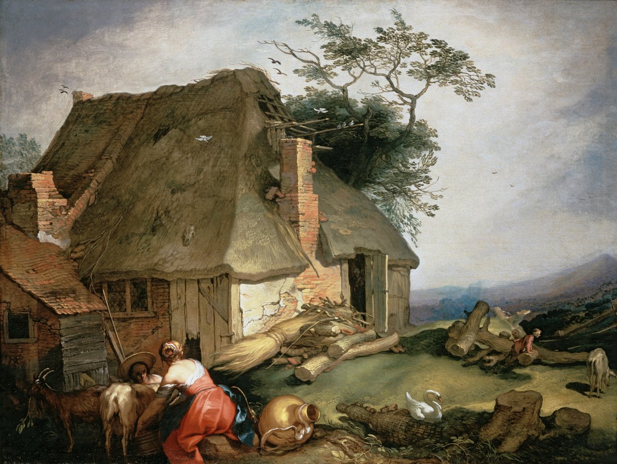 Keçi sağan köylülerin olduğu bir kulübe by Abraham Bloemaert