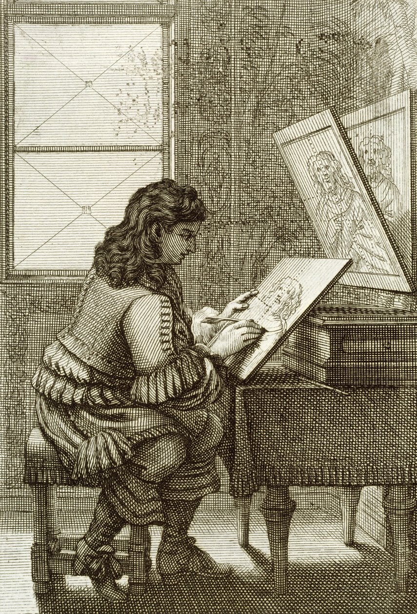 Bir gravür plakasına kopyalayan bir sanatçı, 1737