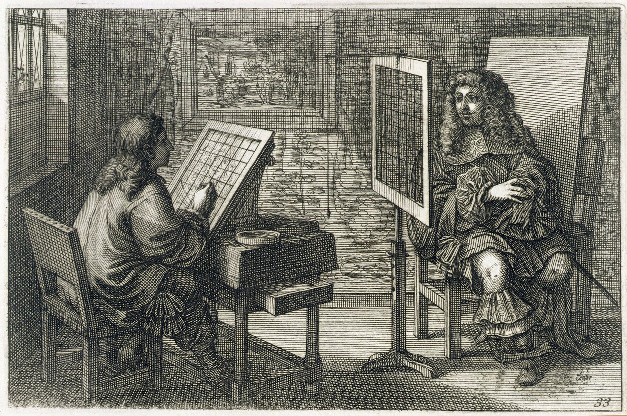 Doğru orantı için bir ızgara üzerine portre çizen sanatçı, basılmış Paris 1737 by Abraham Bosse