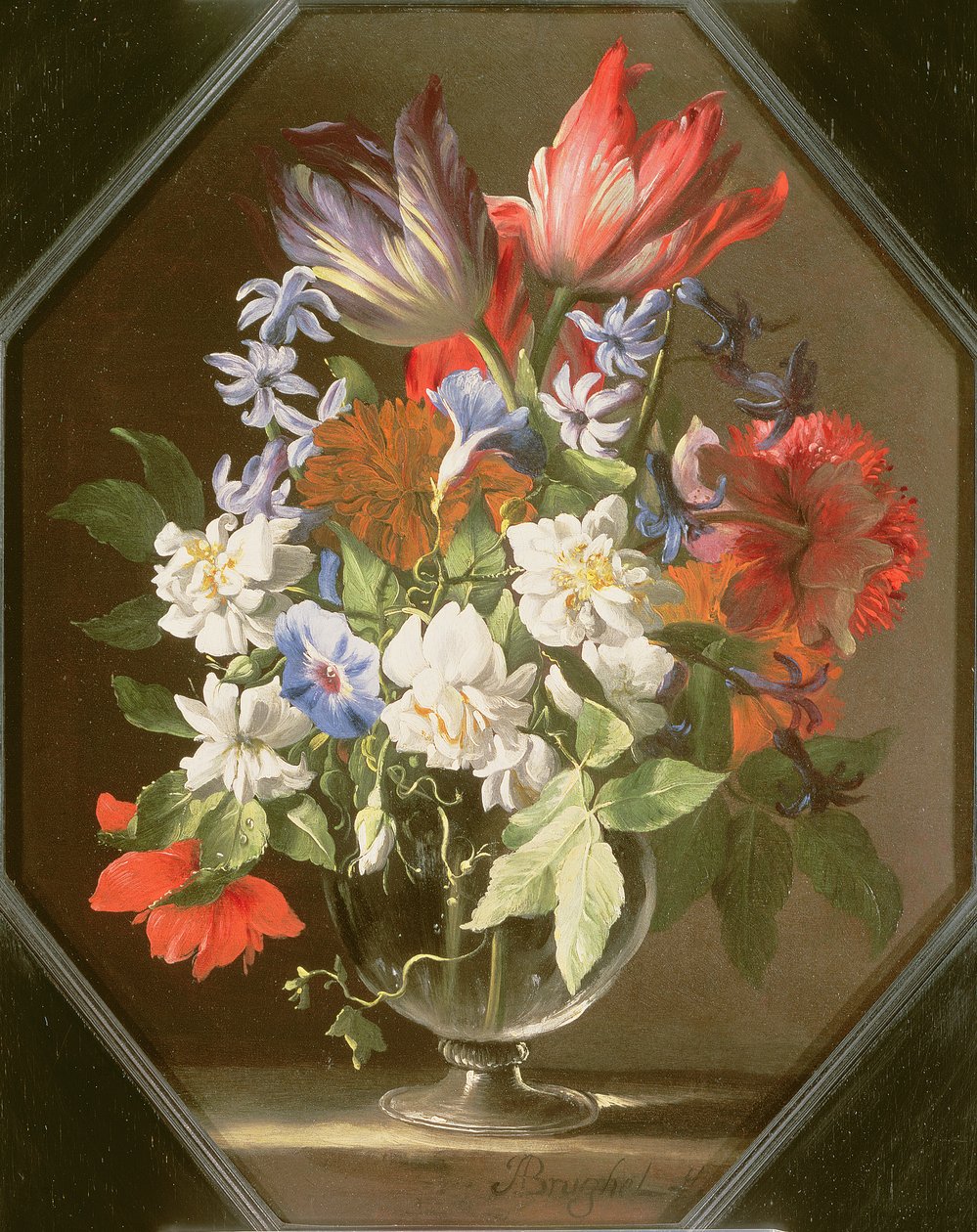 A Vase of Flowers on a Stone Ledge Containing Tulips, Chrysanthemums, Dahlias and Narcissi, 17th century by Abraham Brueghel