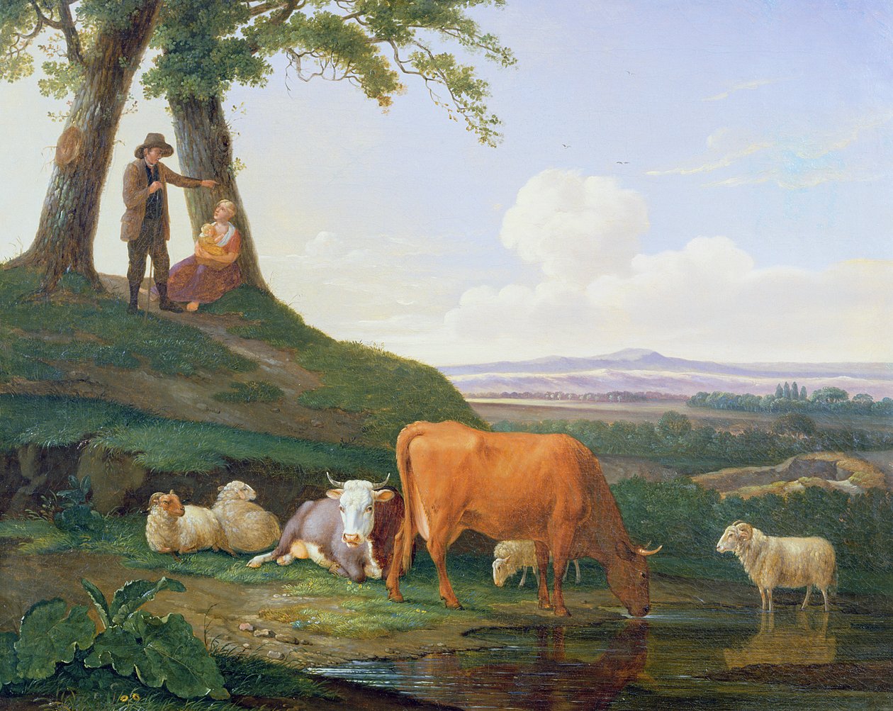 İnekler ve koyunlar ile manzara by Abraham Bruiningh van Worrell