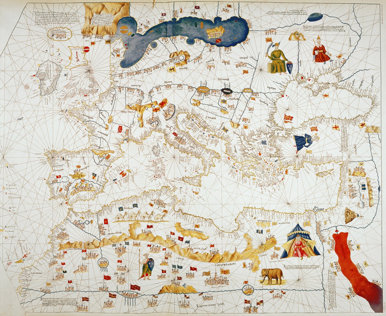 Avrupa, Kuzey Afrika ve Orta Doğu Katalan Haritasının kopyası (el renkli gravür) by Abraham Cresques