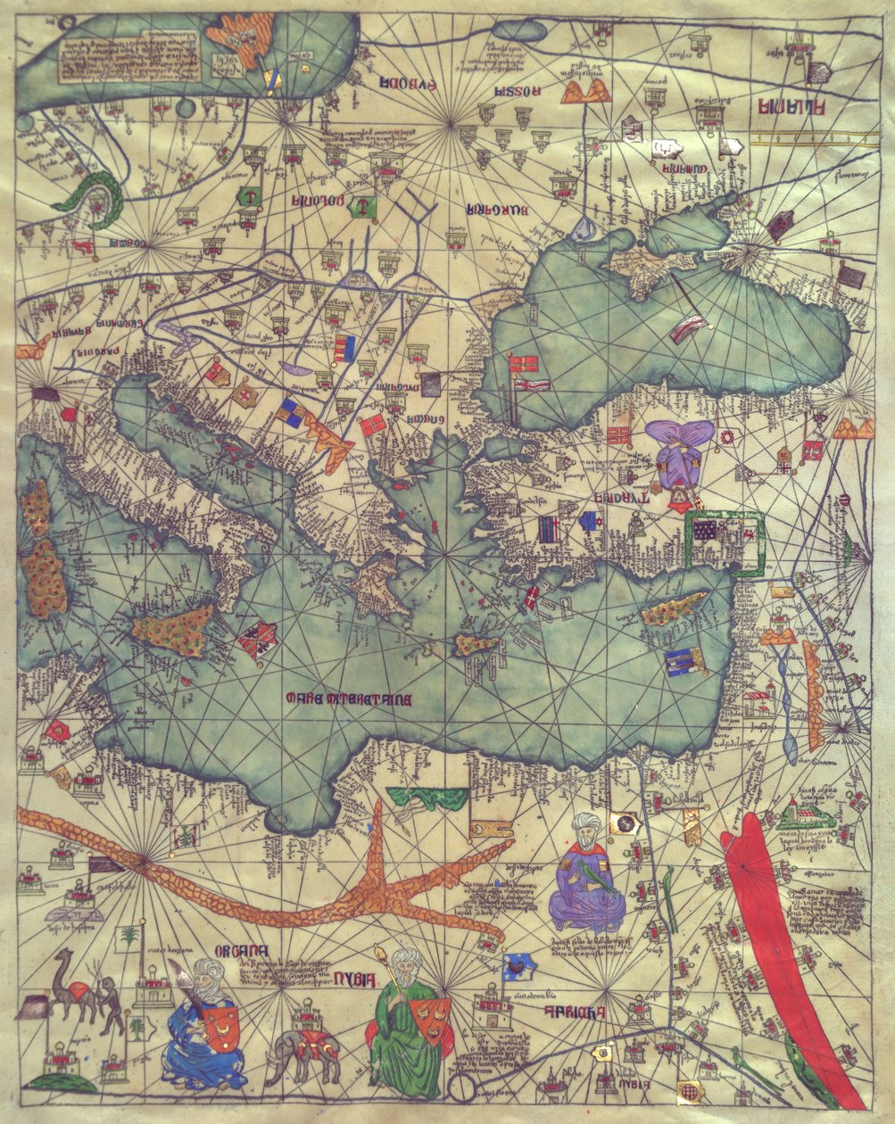 Doğu Avrupa haritası, güneyden görüntüleyin. Katalan Atlası by Abraham Cresques