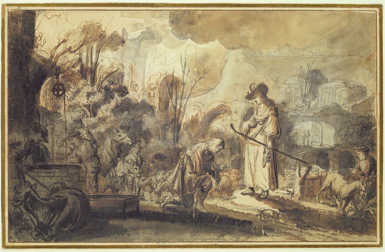Eliezer ve Rebecca Kuyuda (kalem ve mürekkep, kurşun kalem ve kağıt üzerinde kırmızı tebeşirle yıkanır) by Abraham Furnerius