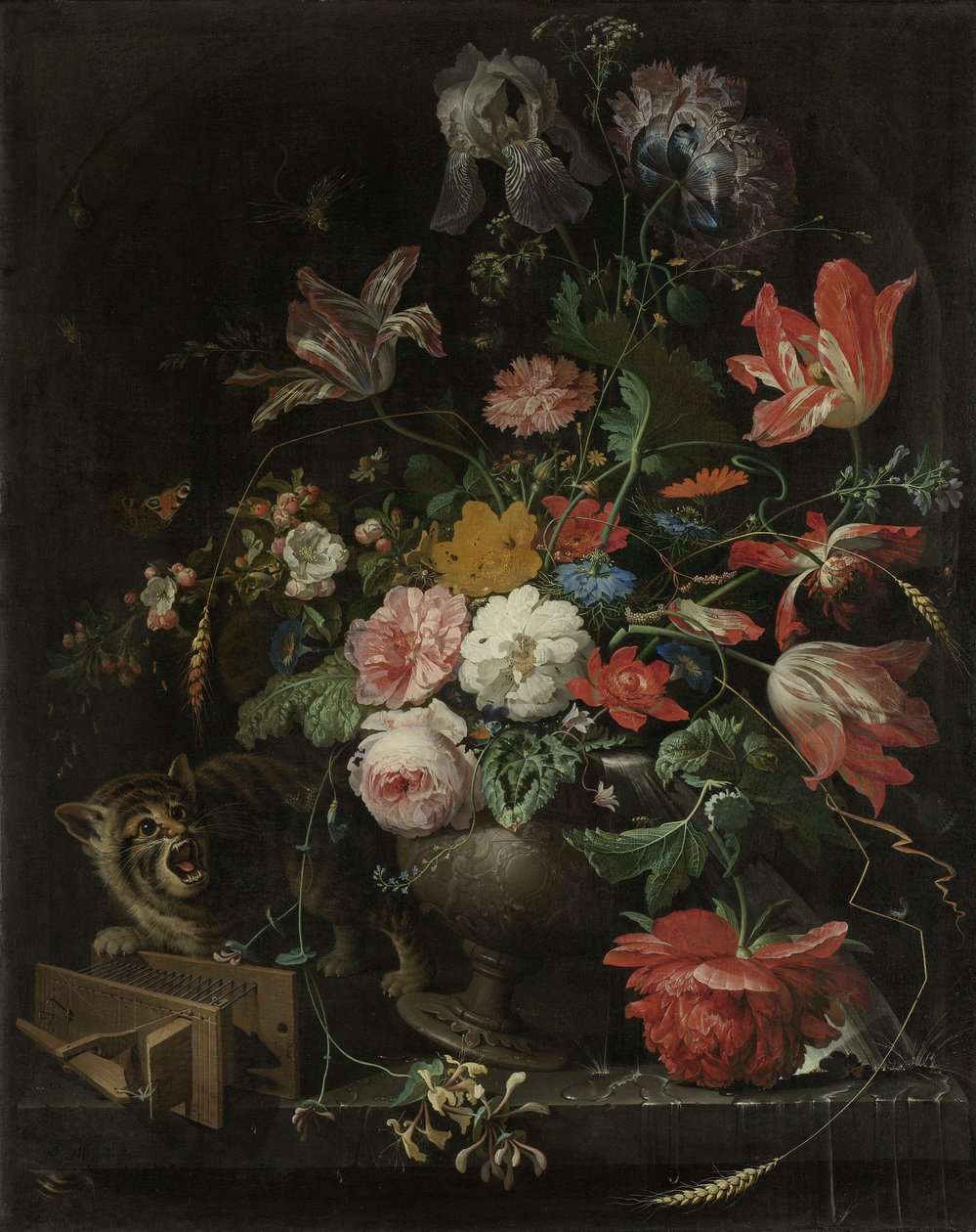 Kedi ve fare kapanı ile çiçek natürmort by Abraham Mignon