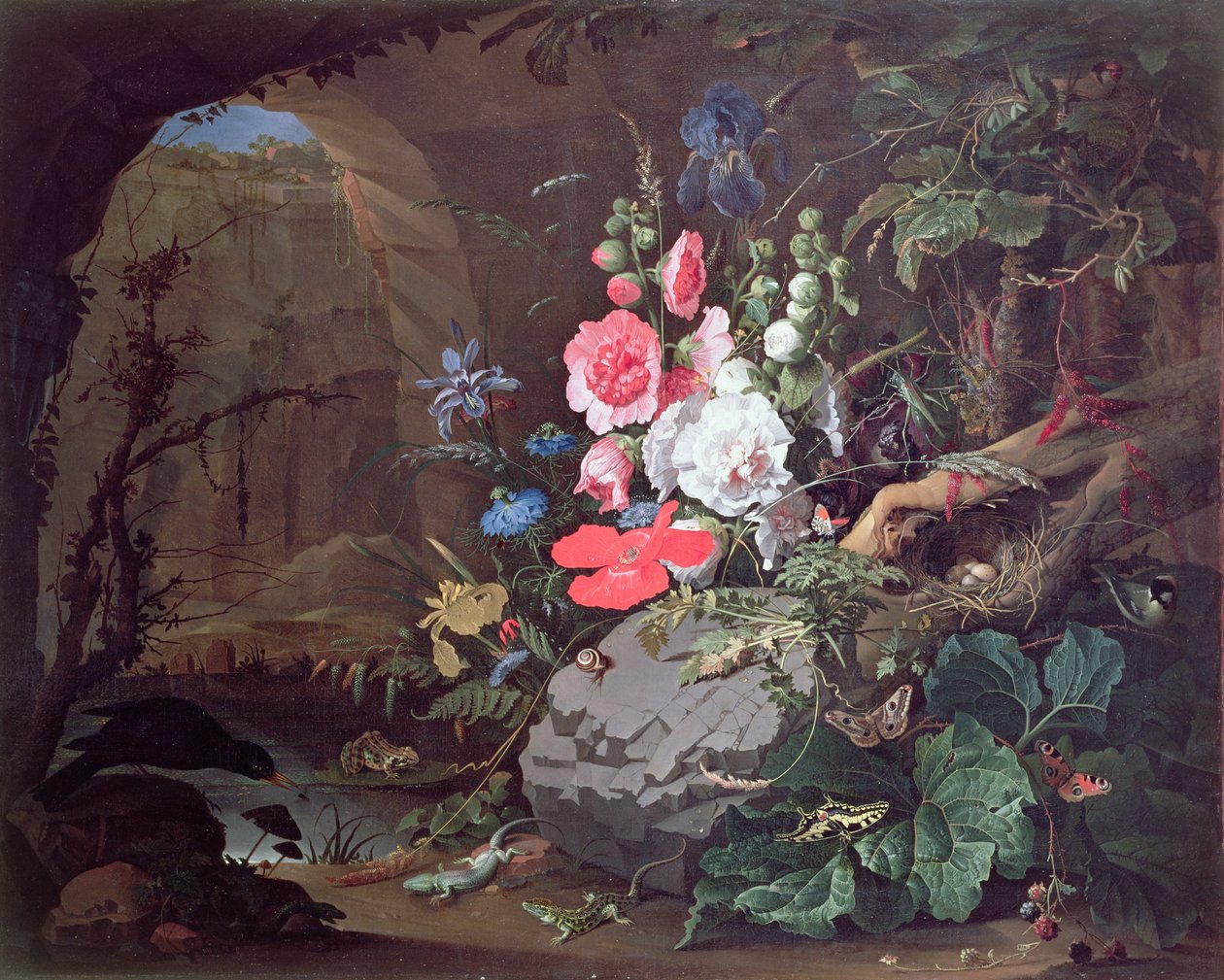 Bir mağarada çiçekler ve kuşlar by Abraham Mignon