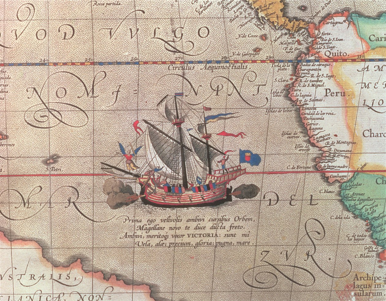 Topunu ateşleyen bir yelkenli gemi, Pasifik, Çin ve Amerika haritasından detay, 1599 (ayrıca bkz. 18634) by Abraham Ortelius