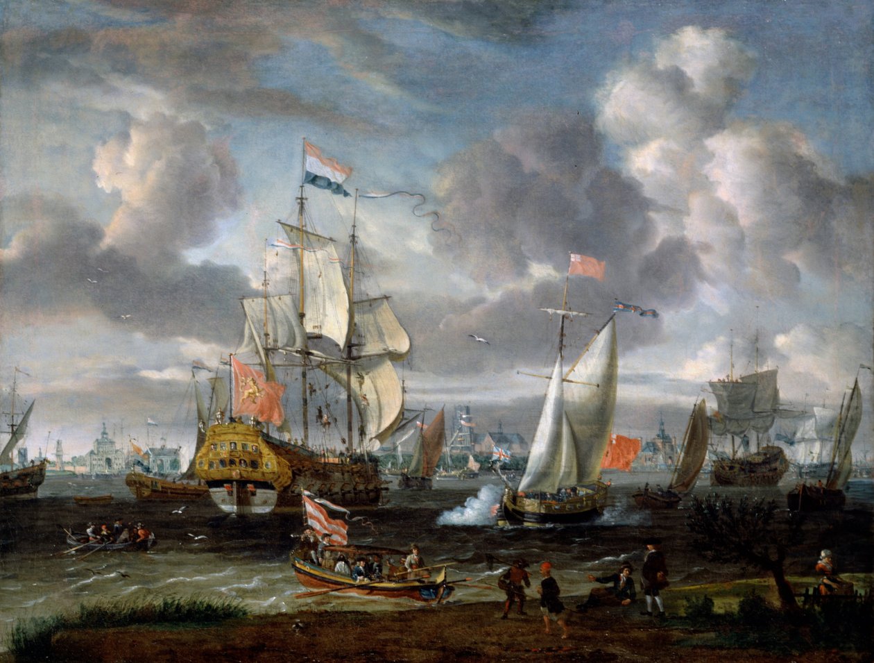Rotterdam limanında Hollandalı bir Savaş Adamını selamlayan bir İngiliz Yatı by Abraham Storck