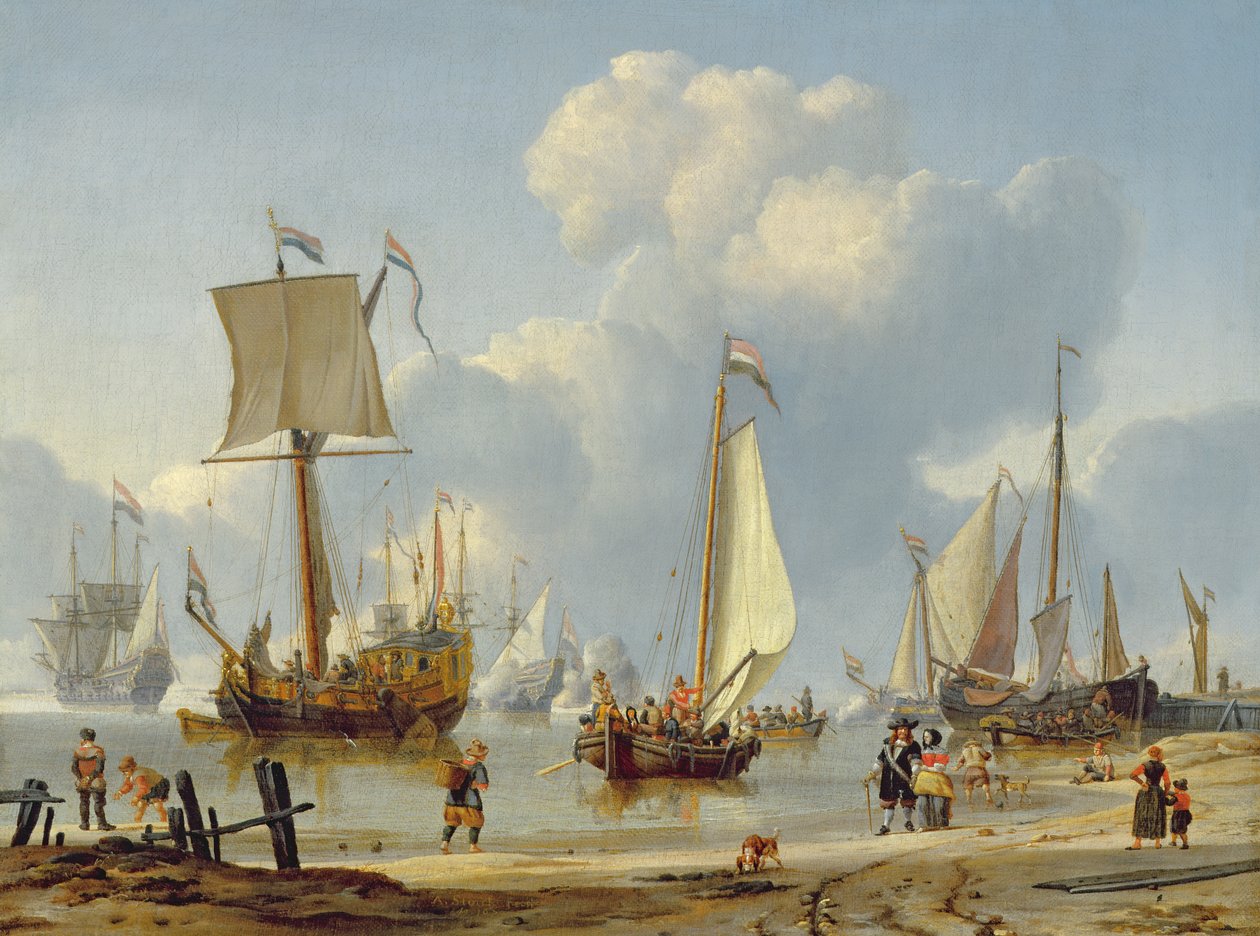 Sahilde Figürlerle Sakin Suda Gemiler by Abraham Storck