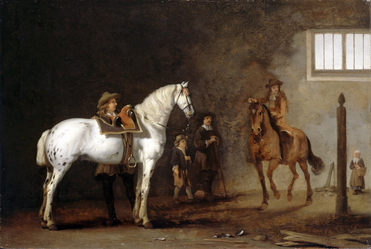 Binicilik Okulunda Beyaz At by Abraham van Calraet