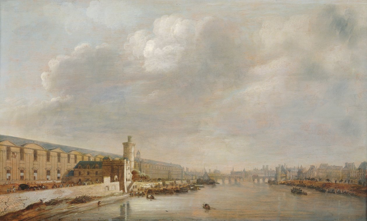 Louvre Grande Galerie, Barbier köprüsünden Paris manzarası (yukarı yönde), c.1640 (tahta üzerine yağlı boya) by Abraham de Verwer