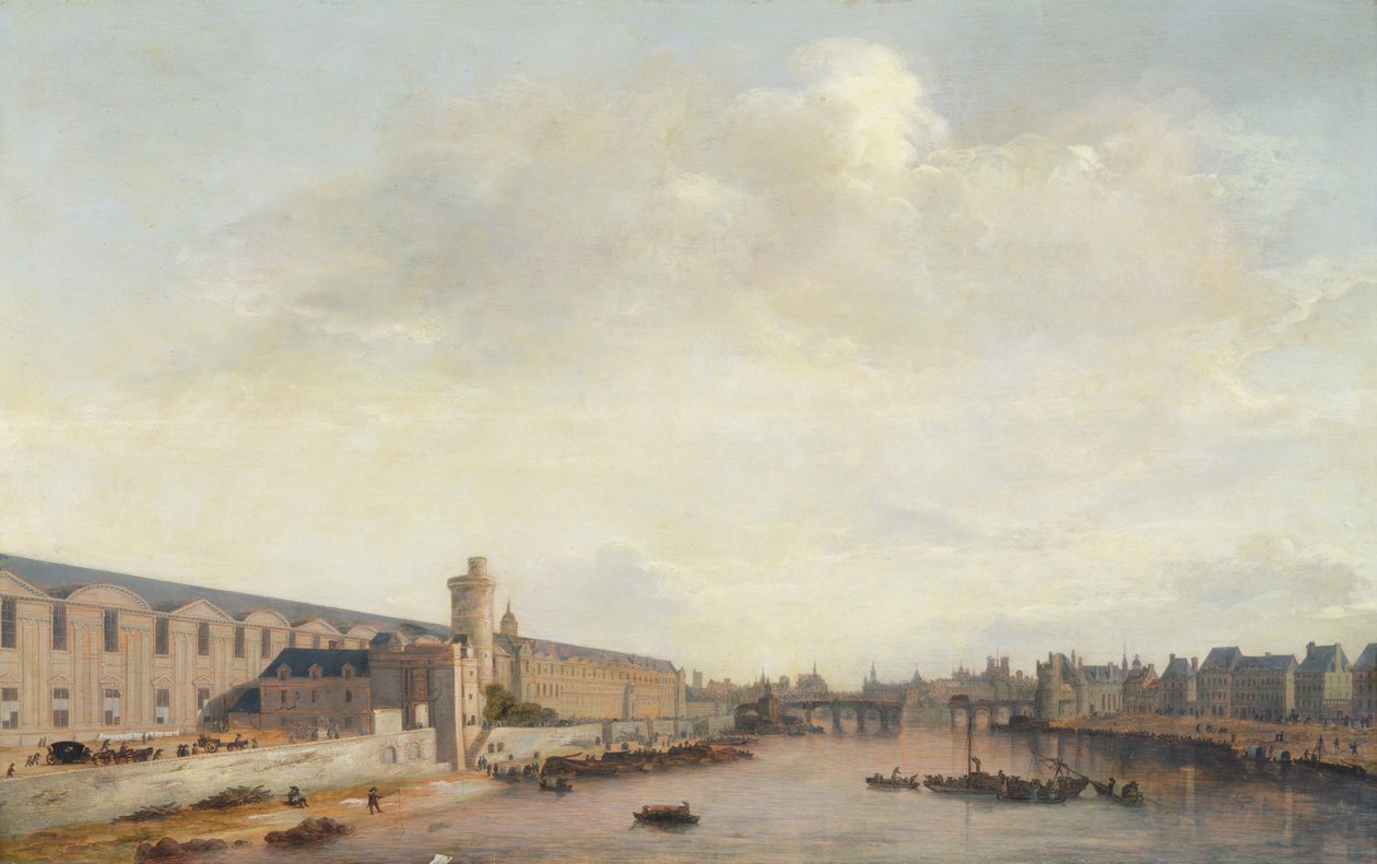Louvre Grande Galerie, Barbier köprüsünden Paris manzarası, c.1640 (tahta üzerine yağlı boya) by Abraham de Verwer