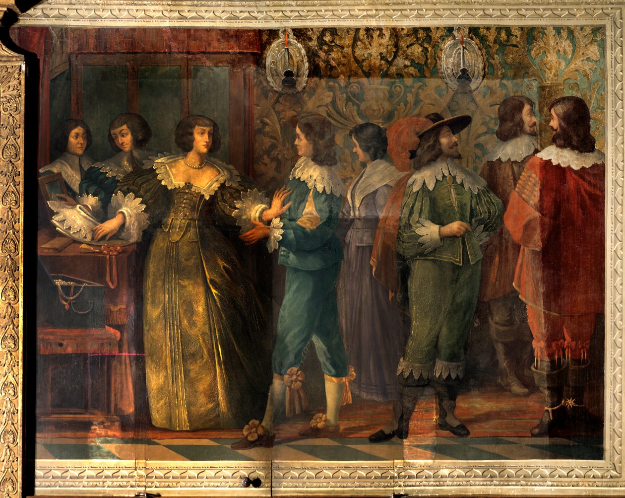 Angouleme Dükü Charles de Valois'in (1573-1650) yaşam sahnesi - Charles de Valois'in 1644'te ikinci karısıyla evlenmesi vesilesiyle verilen parti sahnesi - Bir saray görevlisinin yanına yaklaşan bir kadın, onu yaka - Abrah tarafından fresk by Abraham (after) Bosse