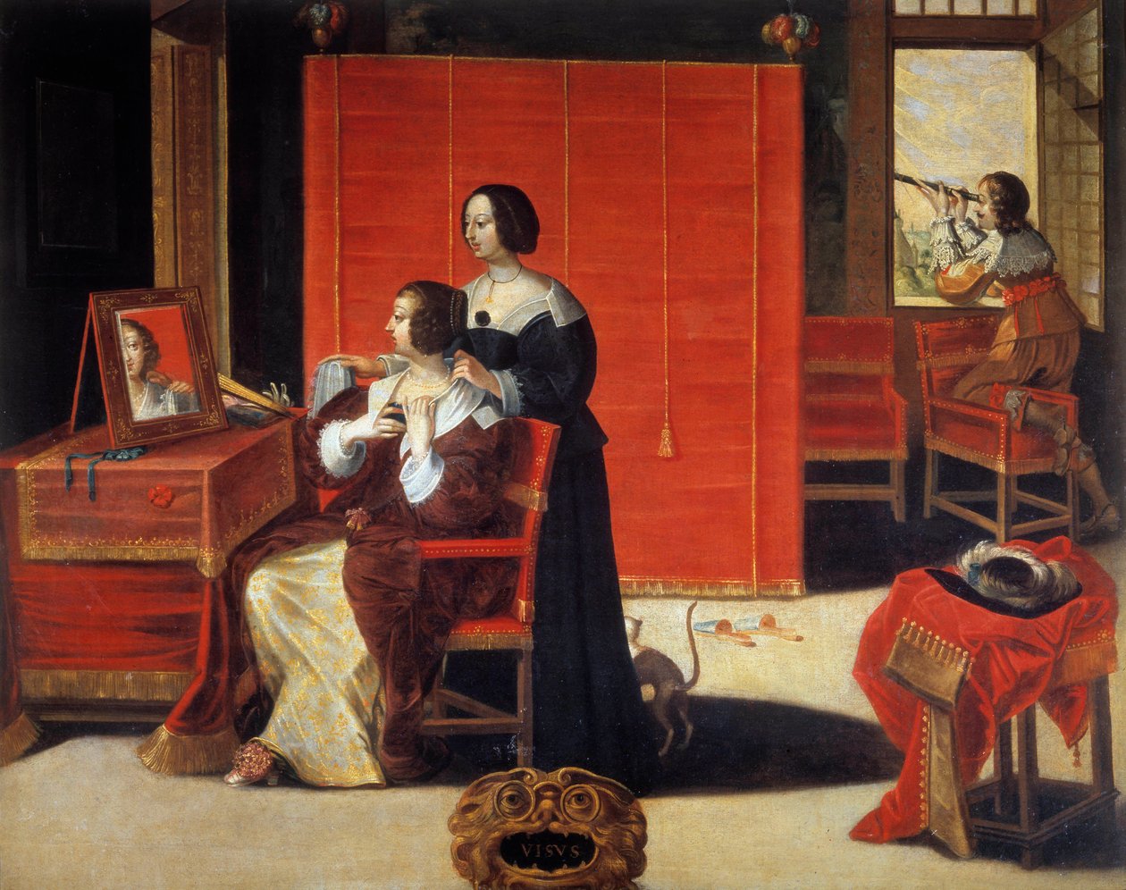 Beş Duyu: Görünüm Aynasının önünde genç bir kadın, bir erkek astronomik bir çerçeve kullanıyor. Abraham Bosse (1602-1676) tarafından yapılan tablo. 17. yüzyıl. Turlar, Güzel Sanatlar Müzesi by Abraham (after) Bosse