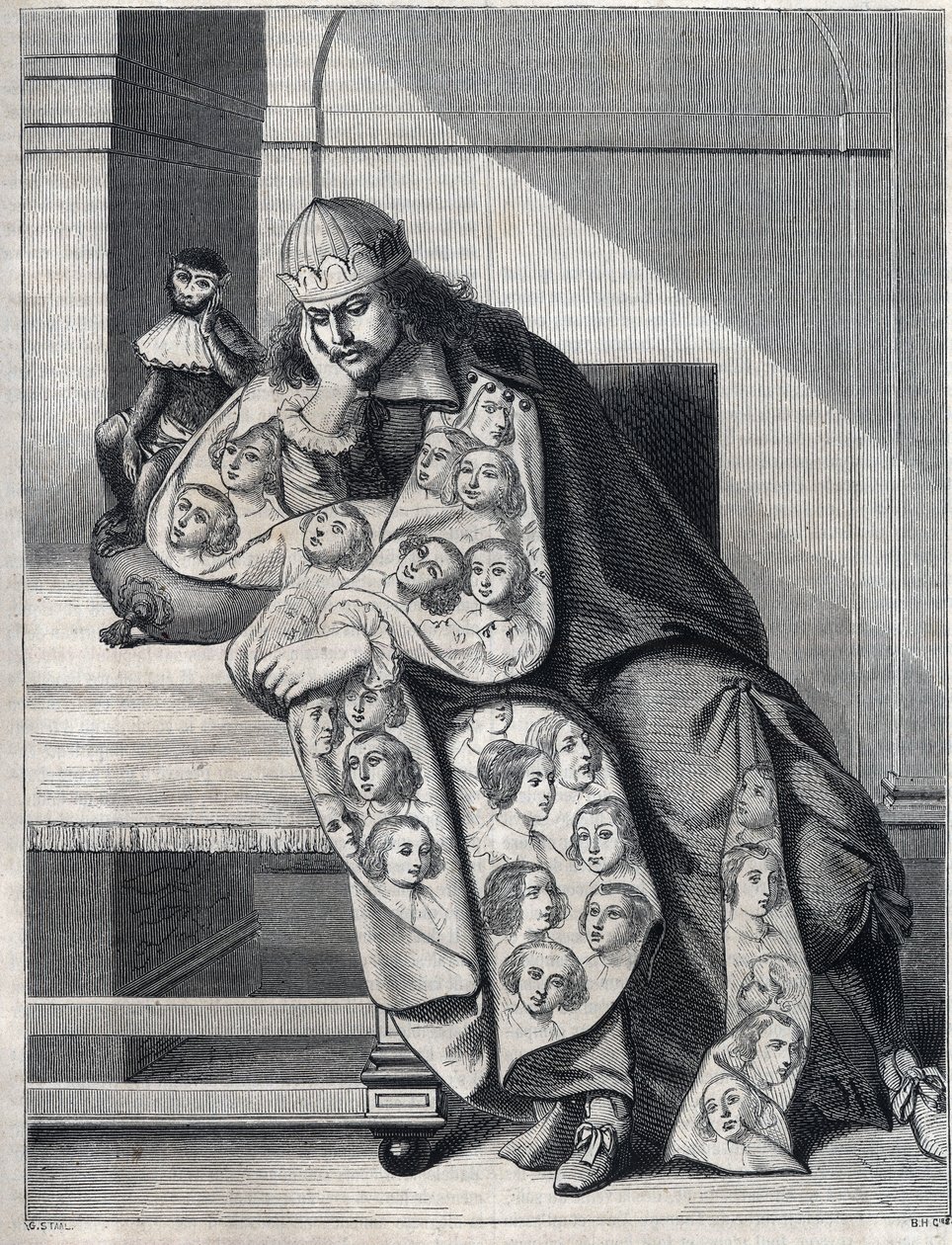 Kötülükle dolu adam: çift kat kadın başlı bir adam, yanında bir maymunla meditasyon yapıyor. Abraham Bosse (1604-1676) tarafından bir baskının çoğaltılması. by Abraham (after) Bosse