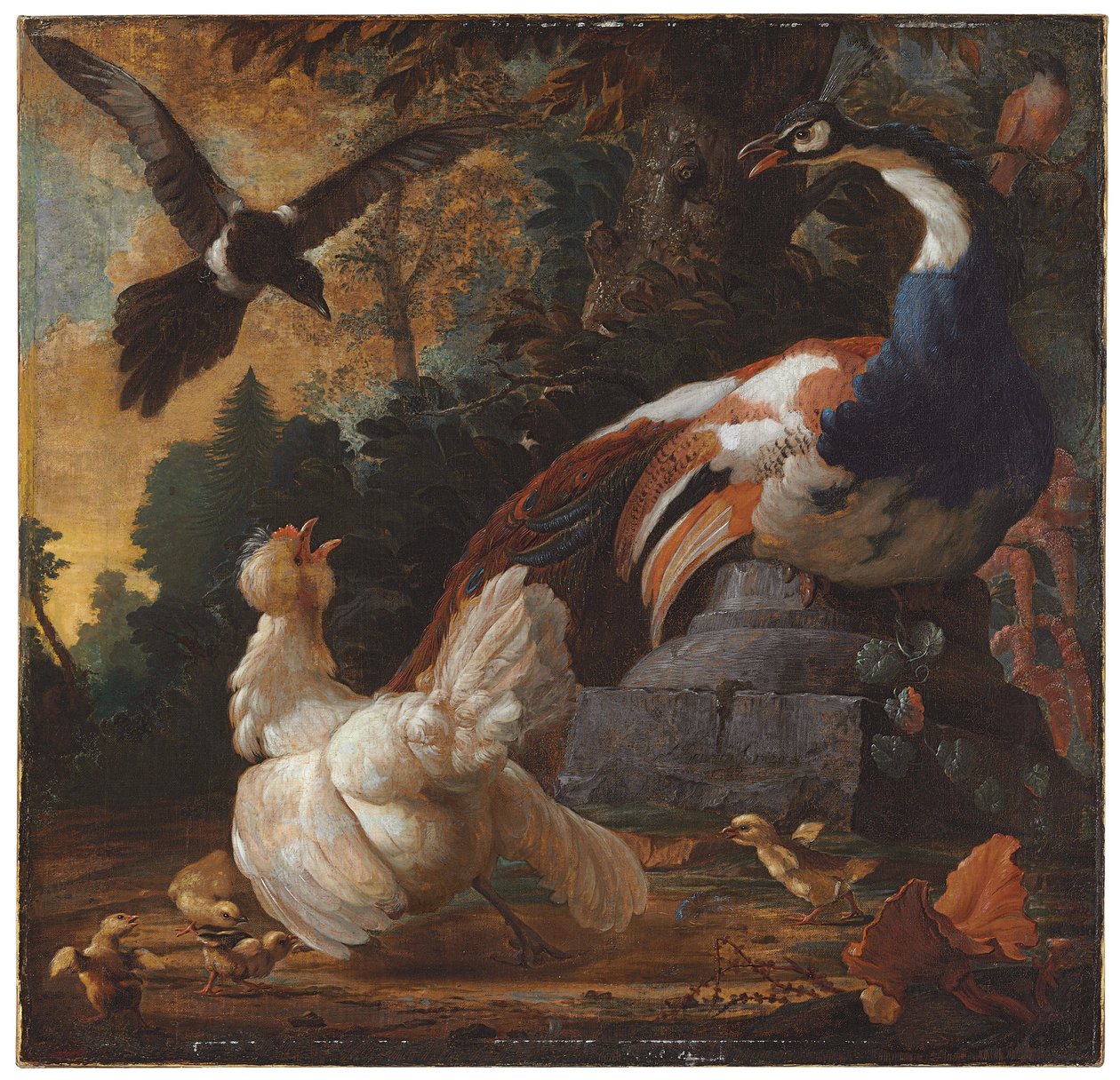 Bir manzarada bir tavus kuşu, kümes hayvanları ve bir saksağan, 1720 by Abraham Bisschop