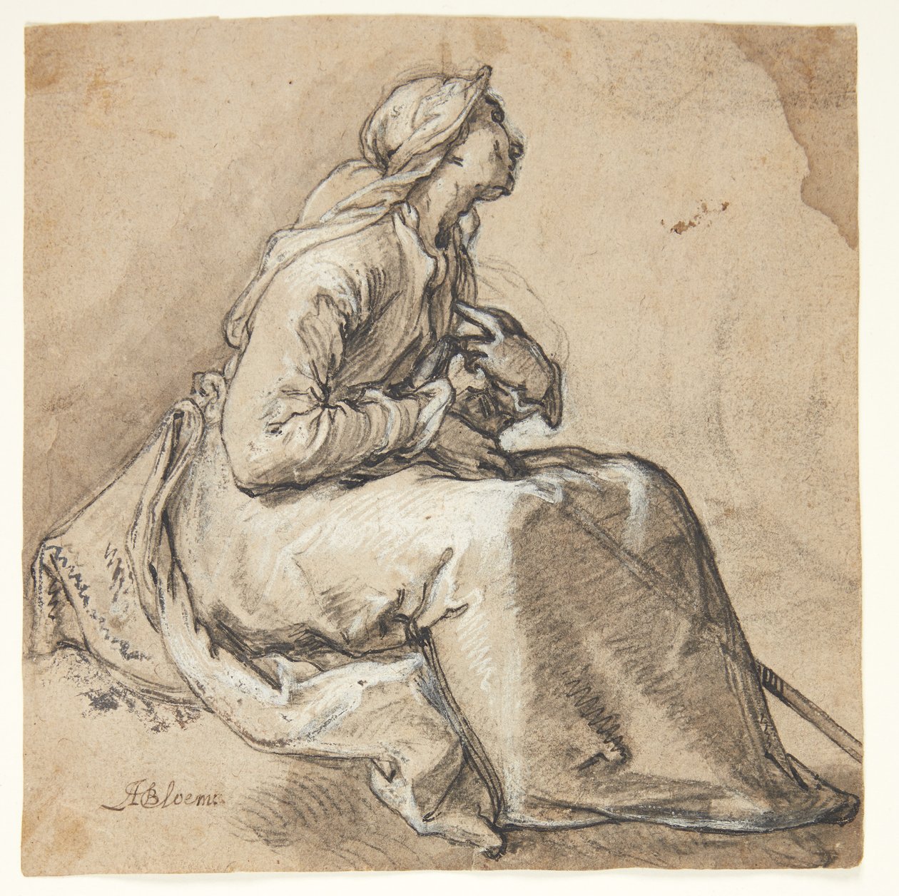 Oturmuş bir kadın, sağa dönük, dua edercesine alçakgönüllü bir pozisyonda by Abraham Bloemaert