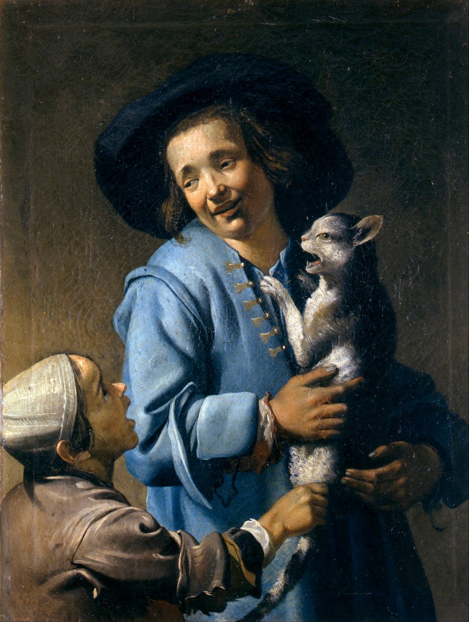 "Kedi ile oynayan gençler" (Kedi ile oynayan gençler) Tablo Abraham Bloemaert (1566-1651) - 1620-1625 - Tuval üzerine yağlıboya Dim 89x70 cm Museo Civico, Montepulciano by Abraham Bloemaert