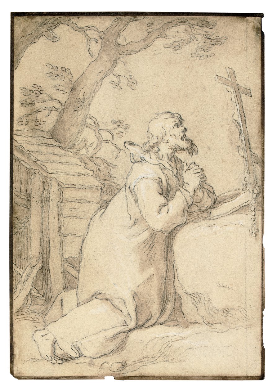 Phermae Aziz Paul bir haç önünde dua diz çökmüş (siyah tebeşir, kalem ve kahverengi mürekkep, kahverengi yıkama) by Abraham Bloemaert