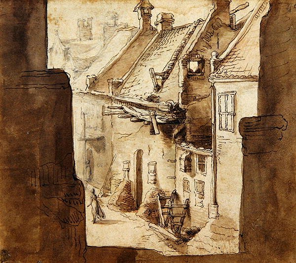 Surlardan ara sokağa bakış (tebeşir, kalem ve kağıt üzerine sulu boya) by Abraham Bloemaert