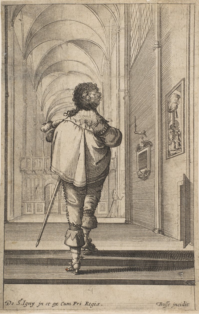 Bir kiliseye girerken arkadan görülen bir bey, ca. 1629. by Abraham Bosse