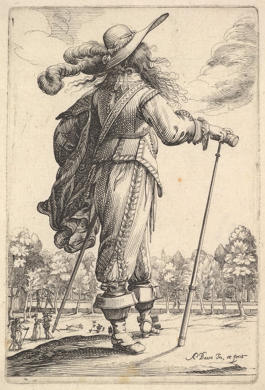 Arkadan görülen, bastonla sağa doğru yürüyen ve tüylü bir beyefendi ..., 1629. by Abraham Bosse